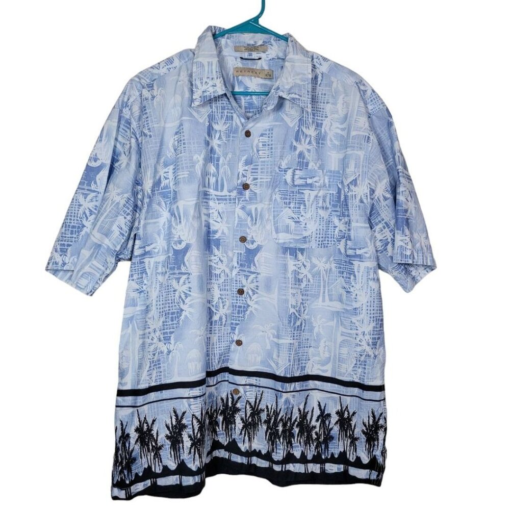 Retreat Blue Hawaiian Shirt Pall Trees Mens Size 17‎ XL Black Button Down Collar